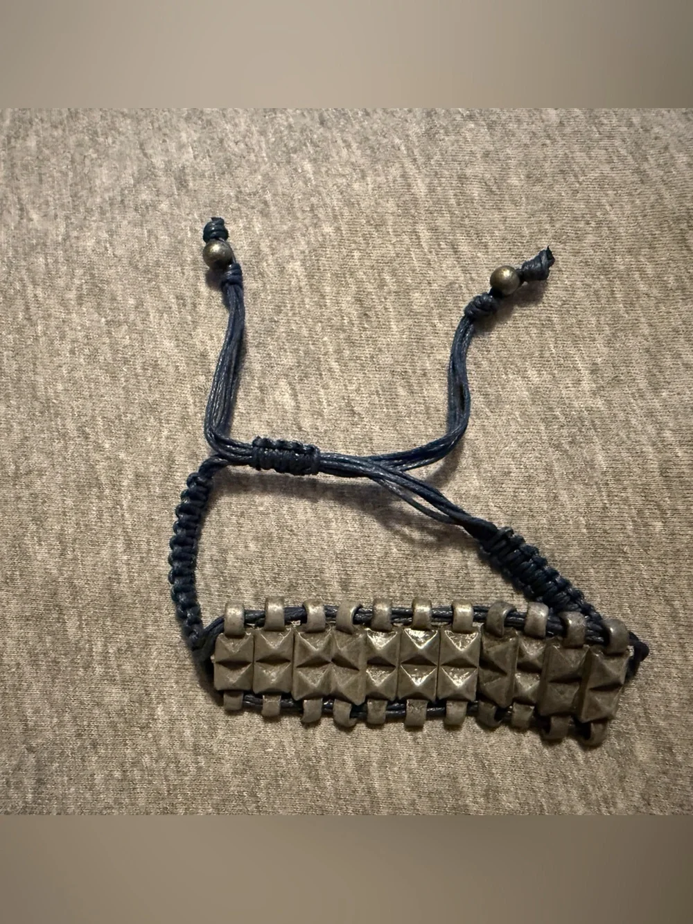 Adjustable Navy Cord and Gunmetal Pyramid Stud Bracelet